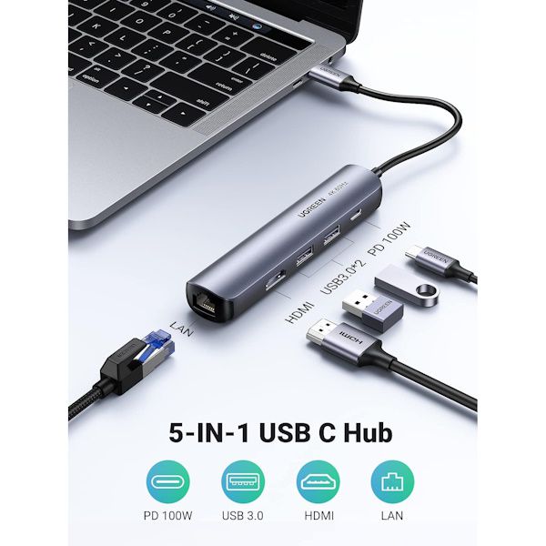 هاب یوگرین USB-C To 2*USB 3.0 A+HDMI+RJ45+PD مدل CM418 کد 10919