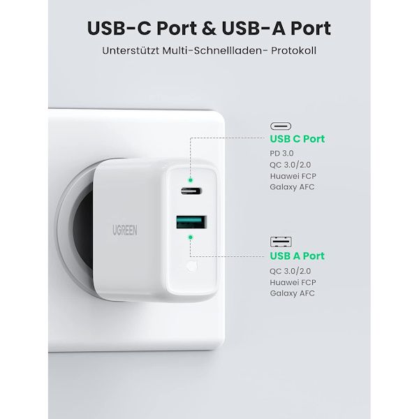 شارژر دیواری دو پورت USB-A+USB-C 38W یوگرین مدل CD170 کد 60468